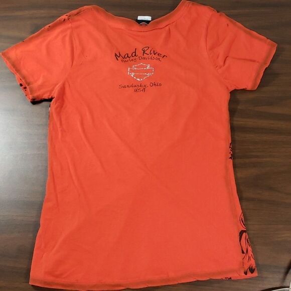 Orange Harley-Davidson Bar & Shield Logo Wings & Rhinestones Shirt Mad River OH - Picture 4 of 6